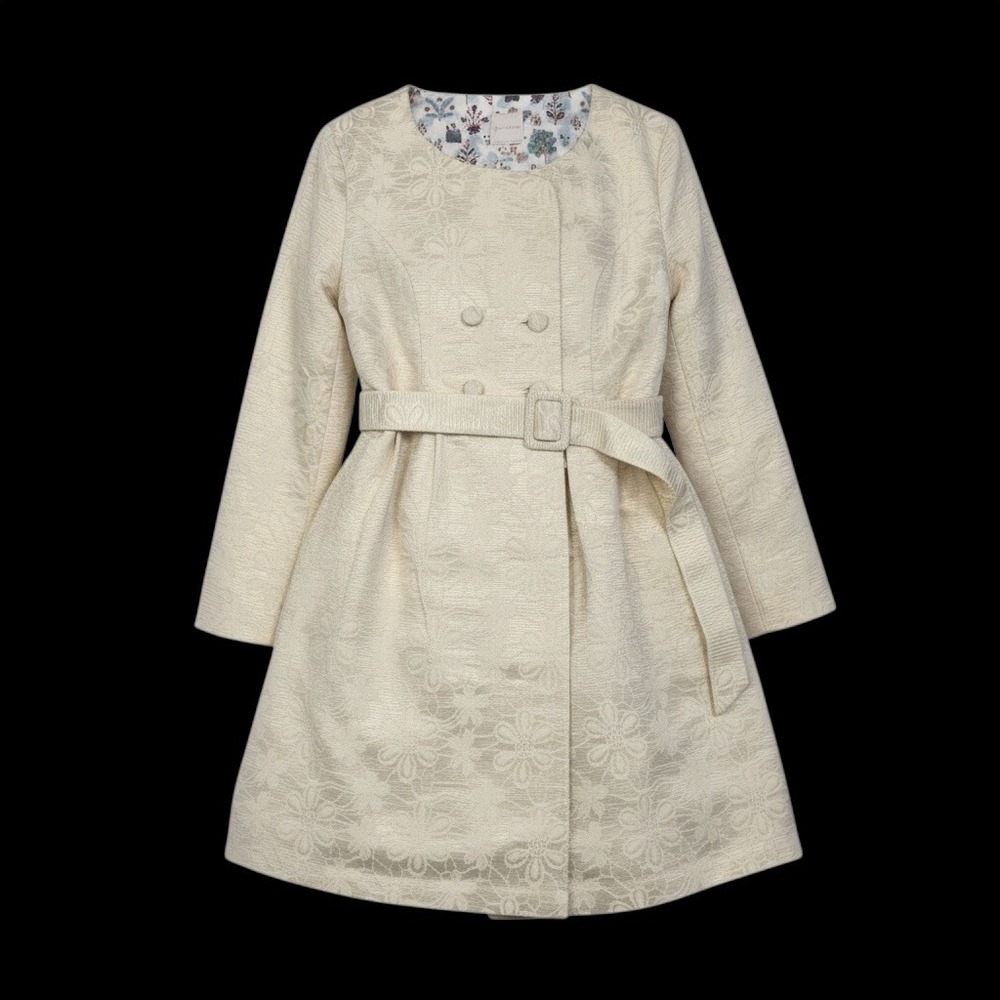 Classic Ivory Brocade Floral Gold Metallic Accents Belted Fit Flare Dress Size L